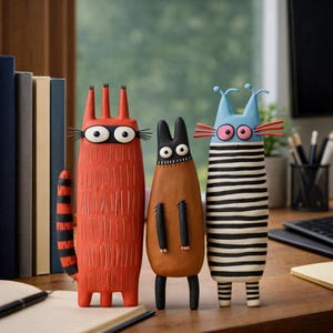 May include: Three whimsical cat figurines. The first is red with black stripes on the tail, the second is brown, and the third is blue and white striped. Each has large eyes and unique features, standing on a wooden surface.
