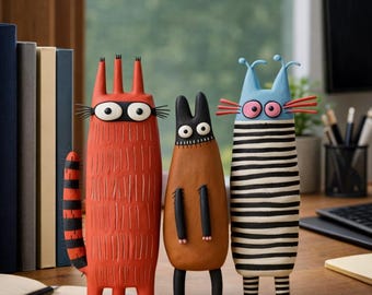 Handmade Clay Funny Cat Figurines, Whimsical Cat Sculptures, Mini Desk Decor,