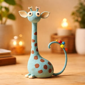 May include: A whimsical, light blue giraffe figurine with brown spots. The giraffe has large eyes, small ears, and two tiny bows on its head. Its curved tail is adorned with colorful, spherical accents. The figurine is a decorative item.