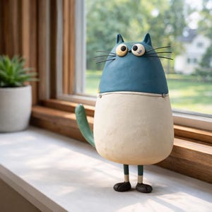 以下が含まれることがあります： 気まぐれなセラミック製の猫の置物。猫は青い頭と尾を持ち、クリーム色の体です。 大きな表情豊かな目、黒いひげ、小さな黒い足が特徴です。 置物は窓枠に立っており、背景には植物と窓があります。
