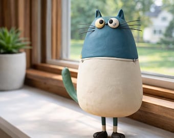 May include: A whimsical ceramic cat figurine. The cat has a blue head and tail, with a cream-colored body. It features large, expressive eyes, black whiskers, and small black feet. The figurine is standing on a windowsill, with a plant and a window in the background.
