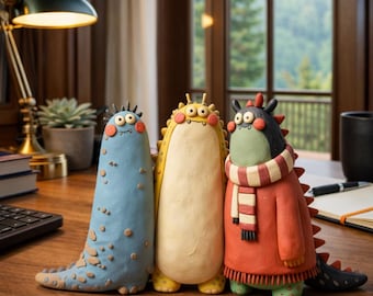 May include: Three whimsical monster figurines in blue, yellow, and red, each with unique features. The blue monster has spots, the yellow has a spiky back, and the red one wears a scarf. They are displayed on a wooden desk.