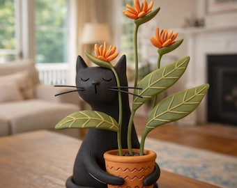Handmade Black Cat Figurine with Flower ,Mini Plant Sculpture, Whimsical Home Desk Ornament