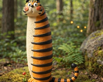 May include: A whimsical tiger figurine with a long, slender body and a cartoonish design. The tiger features orange and black stripes, a cream-colored belly, and a playful expression. It is set in a natural outdoor environment, surrounded by greenery and a small red mushroom.