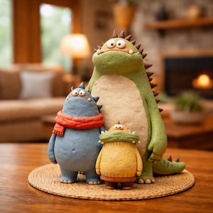 Puede incluir: Tres figuras de monstruos caprichosos. Un gran monstruo verde con vientre beige está detrás de un monstruo azul con bufanda roja y un pequeño monstruo amarillo. Los tres están sobre una estera redonda tejida.