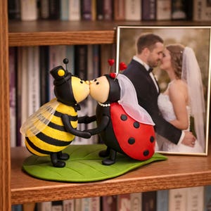 Figuritas de abeja y mariquita para bodas: adorno para pastel y escritorio, elaborados artesanalmente en arcilla ultraligera.