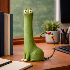 Puede incluir: Una caprichosa figura de gato verde con un cuello alargado y ojos grandes y expresivos. El gato tiene una cola decorativa con acentos esféricos coloridos. La figura está colocada sobre un escritorio de madera, con libros y una planta visibles en el fondo.