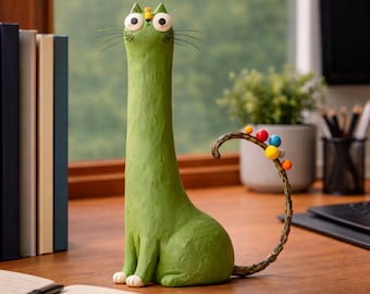 Handmade Clay Funny Cat Figurines, Whimsical Cat Sculptures, Mini Desk Decor,