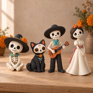 May include: A set of four figurines featuring a skeleton sitting in a wide-brimmed hat, a black cat with painted facial details, a skeleton playing a small guitar, and a skeleton wearing a long cream dress with a pink sash and orange flowers.