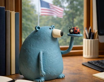 Handmade Clay Blue Bear Figurine, Cute Bear Sculpture, Whimsical Animal Desk Decor, Unique Handmade Gift for Bear Lovers