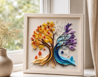 Arte de quilling de árboles de las cuatro estaciones, obra de arte en papel hecha a mano, decoración de pared de naturaleza, adorno para el hogar enmarcado