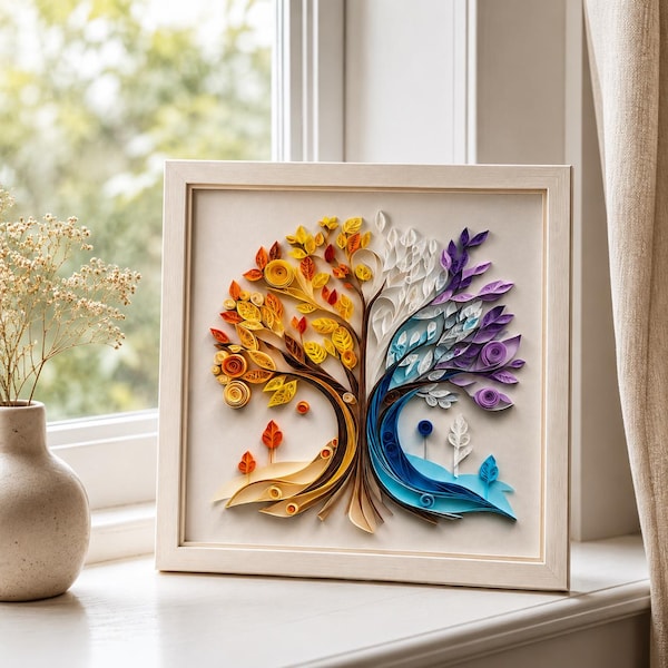 Fyra årstider träd quilling konst, handgjort papperskonstverk, naturväggdekor, inramad heminredning