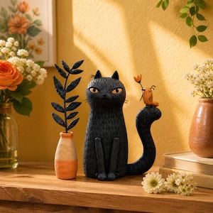 May include: A black cat figurine with yellow eyes sits next to a small orange and cream vase containing a black leaf-shaped branch. A tiny orange bird figurine with a small flower sits perched on the cat's curved tail, which is raised high.