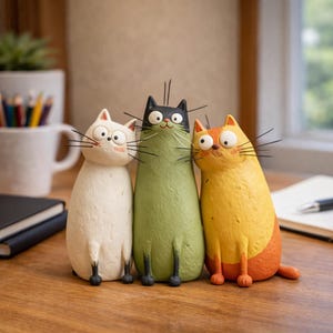 Puede incluir: Tres figuras caprichosas de gatos en tonos blanco, verde y amarillo-naranja. Cada gato tiene ojos grandes, bigotes y una expresión única. Las figuras se exhiben sobre una superficie de madera, lo que sugiere un artículo decorativo o de colección.