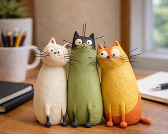May include: Three whimsical cat figurines in white, green, and yellow-orange hues. Each cat has large eyes, whiskers, and a unique expression. The figurines are displayed on a wooden surface, suggesting a decorative or collectible item.