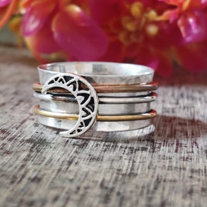 Bague tournante en argent sterling, anneau en corde torsadée, détail lune, bijou à superposer