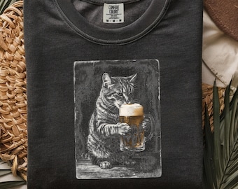 Vintage Cat With Beer Graphic Tee, Funny Cat Beer Shirt, Cat With Beer Shirt, Retro Pub Lover Gift, Unisex Cat Shirt
