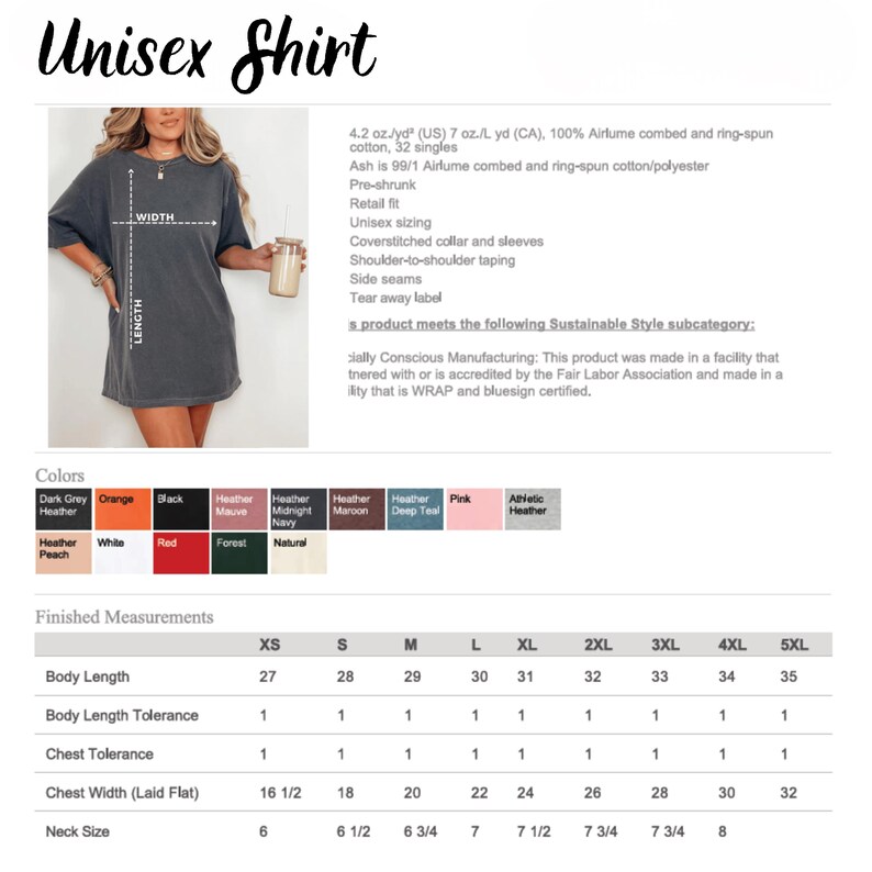 Op de afbeelding: Een donkergrijs unisex shirt wordt getoond, met de tekst "Unisex Shirt" bovenaan. De afbeelding bevat een kleurenkaart met opties zoals zwart, rood en roze, en een maattabel met afmetingen in cm voor lichaamslengte en borstbreedte.