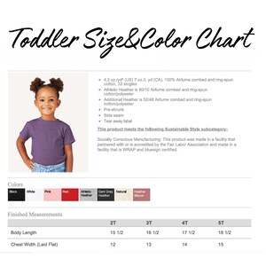 Op de afbeelding: Een peuter in een paars T-shirt, met een maat- en kleurentabel. De tabel bevat kleurstalen en afgewerkte maten voor de maten 2T tot 5T. De tekst luidt "Peuter Maat & Kleurentabel".