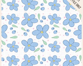Padrão floral azul com costuras, desenhado à mão em PNG de 300 DPI, margarida azul-clara delicada desenhada à mão, flor estilo cottagecore.