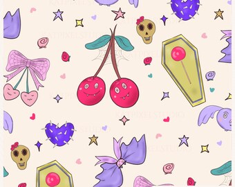 Padrão Pastel Goth Sem Costura | Cerejas Kawaii, Morcegos, Caixões (Arquivo PNG 12x12)