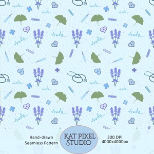May include: A seamless pattern on a light blue background featuring hand-drawn medical and botanical elements. The design includes lavender sprigs, ginkgo leaves, hearts, crosses, stethoscopes, syringes, and a heartbeat line. The text "KAT PIXEL STUDIO" is also present.