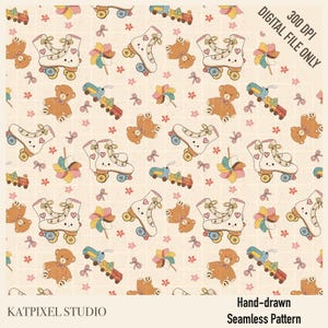 Pode incluir: Padrão repetitivo com patins, ursinhos de pelúcia, comboios de brinquedo, cata-ventos e laços em tons pastel. O design inclui o texto "Hand-drawn Seamless Pattern" e "Digital File Only". O fundo é bege claro.