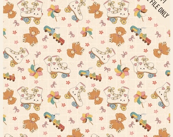 Padrão PNG sem costura desenhado à mão com brinquedo vintage, papel digital retrô infantil 12x12, estampa para tecido de berçário, ursinho de pelúcia de patins, 300 DPI