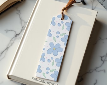 Marcador de Livro Floral de Mirtilo para Imprimir, Marcador de Livro com Flor Azul Desenhada à Mão, Download Digital, Presente para Amantes de Livros, Marcador de Livro Botânico Fofo para Leitores