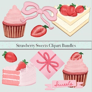 Può includere: Una collezione di elementi clipart a tema fragola. L'immagine include cupcakes, fette di torta, un fiocco, una confezione regalo e fragole singole. Il testo "Strawberry Sweets Clipart Bundles" è visualizzato. È presente anche uno striscione con la parola "Sweets".