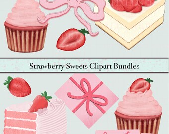 Pacote de Clipart de Doces de Morango PNG: ícones de sobremesas em tons pastel, cupcakes com laços kawaii, fatias de bolo, sublimação Cricut, padrões sem costura.