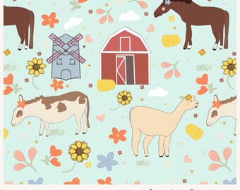 Padrão sem costura de animais de fazenda, papel de parede para quarto de bebê com tema de celeiro (download digital)