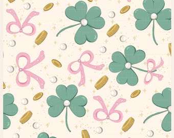 Padrão sem costura para o Dia de São Patrício, trevo de quatro folhas, laços rosa (arquivos PNG)