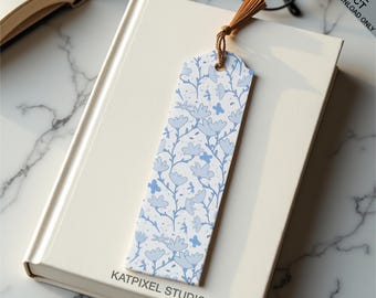 Marcador de Livro Floral Azul para Imprimir, Design de Marcador de Livro Botânico Desenhado à Mão, Download Digital, Presente para Amantes de Livros com Estilo Cottagecore, Marcador de Leitura Floral