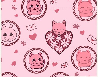 Padrão sem costura de gato para o Dia dos Namorados, estampa de pata com coração rosa (Download digital)