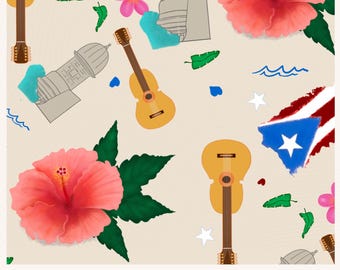 Padrão PNG sem costura de Porto Rico, desenho caribenho feito à mão, estampa tropical para tecido e sublimação.