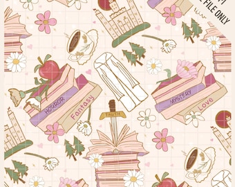 Download digital de estampa de livro de fantasia aconchegante em tons neutros, estética suave de leitor em bege, arte de design cottagecore com espada de castelo de conto de fadas