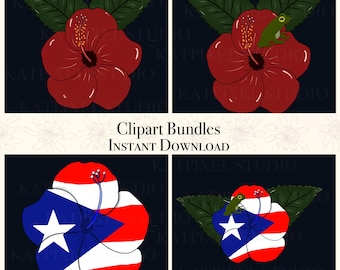 Pacotes de clipart Flor de Maga Coquí de Porto Rico, bandeira Boricua floral (300 DPI PNG)