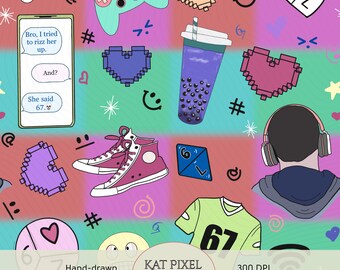 Padrão sem costura com memes do ano 2000, ícones de jogos em tons pastel (papel digital)