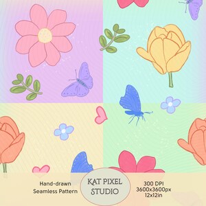 May include: A hand-drawn seamless pattern featuring colorful flowers, butterflies, and hearts. The design includes pink, orange, yellow, and blue flowers, with purple and blue butterflies. The image is 12x12 inches and 3600x3600px.