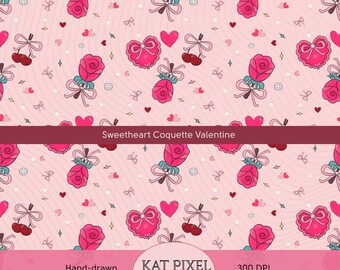 Padrão sem costura desenhado à mão com rosas, laços e cerejas em PNG 12x12 300dpi | Repetição Kawaii para o Dia dos Namorados | Adesivo para sublimação | Licença padrão