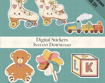 Adesivos PNG imprimíveis de brinquedos vintage, clipart de adesivo de ursinho de pelúcia de patins, folha de adesivos digitais fofa desenhada à mão para quarto de bebê, uso comercial.