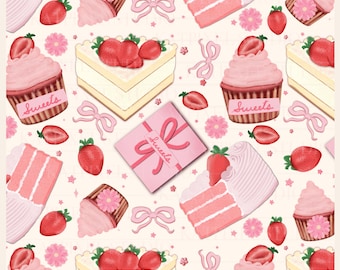 Padrão sem costura de bolo de morango Coquette PNG 300 DPI | Tecido com frutas vermelhas e laços, copo, festa do chá, aniversário, primavera, estampa | Uso comercial
