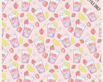 Padrão sem costura de limonada rosa, estampa de bebida cítrica de morango, papel de scrapbook fofo e charmoso para o verão, download de PNG de estampa de tecido kawaii com margaridas