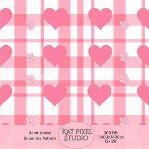 May include: A hand-drawn seamless pattern featuring a pink and white gingham design. Large pink hearts and small pink flowers are scattered across the pattern. The text "KAT PIXEL STUDIO" is in a circle at the bottom.