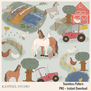May include: A seamless pattern featuring farm animals and elements. The design includes horses, chickens, ducks, a red tractor, a barn, and a wooden bridge over a pond. The color palette is soft, with shades of green, brown, and red.