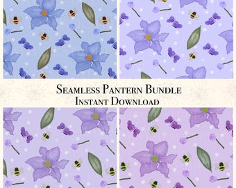 Padrão floral roxo com abelhas sem costura | Papel digital com flores em aquarela (PNG) (Download digital)
