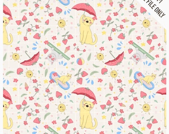 Padrão PNG sem costura de gatinho de verão com morango, papel digital para tecido com gatinho fofo, estampa de frutas kawaii desenhada à mão para artesanato por sublimação.