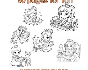 Chibi Princess Coloring Book - 30 Pages Printable PDF INSTANT DOWNLOAD