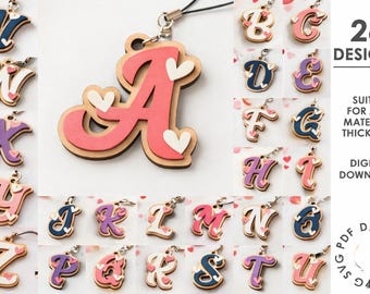 Valentine Monogram Keychain SVG, Personalized Initial Keychain Bundle, Custom Heart Alphabet Laser Cut File, 26 Designs,Anniversary Gift SVG